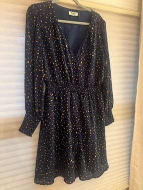 Steve Madden Navy Dress with Gold Spot Print and Smocked Waist